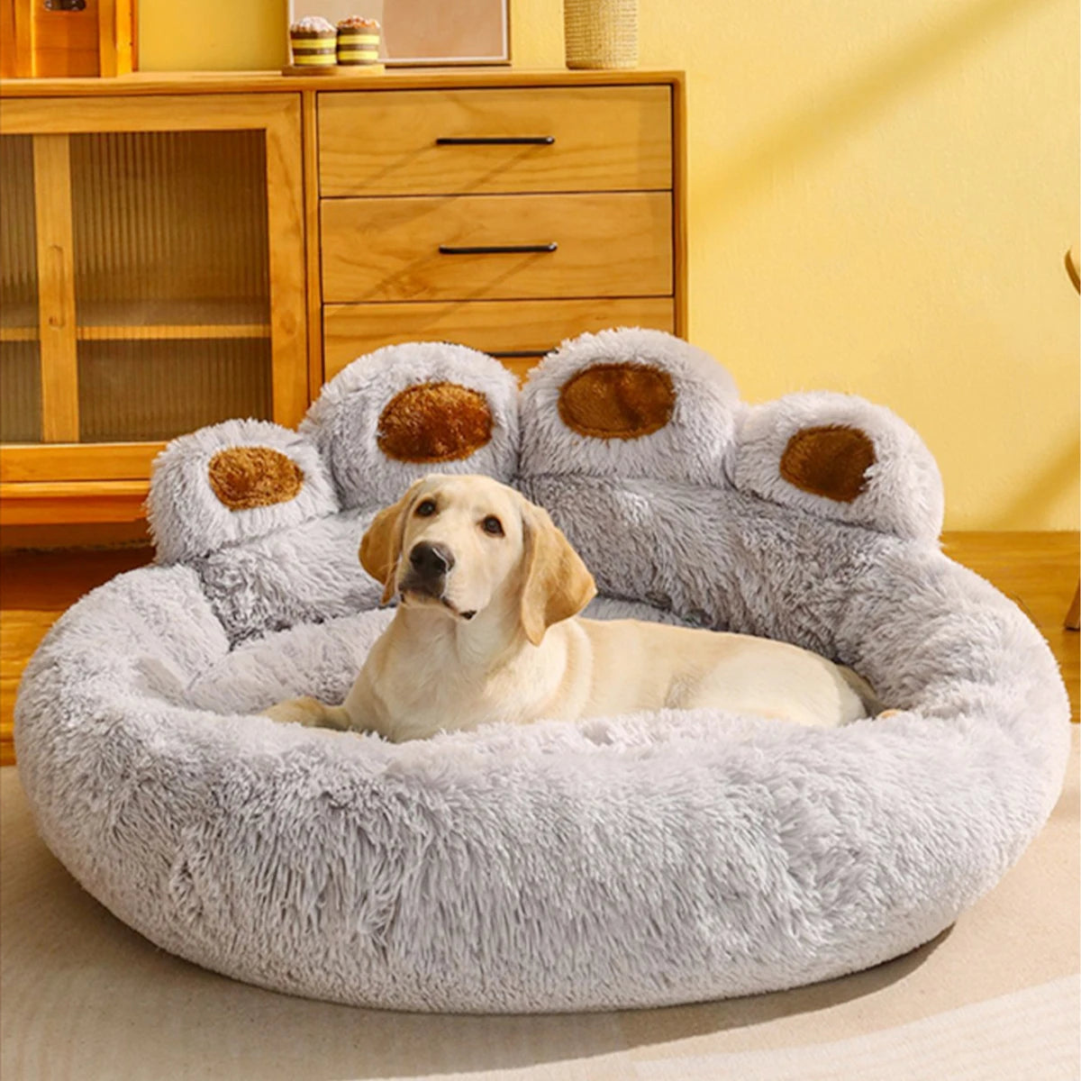 Paw dog bed, light blue with Lab inside