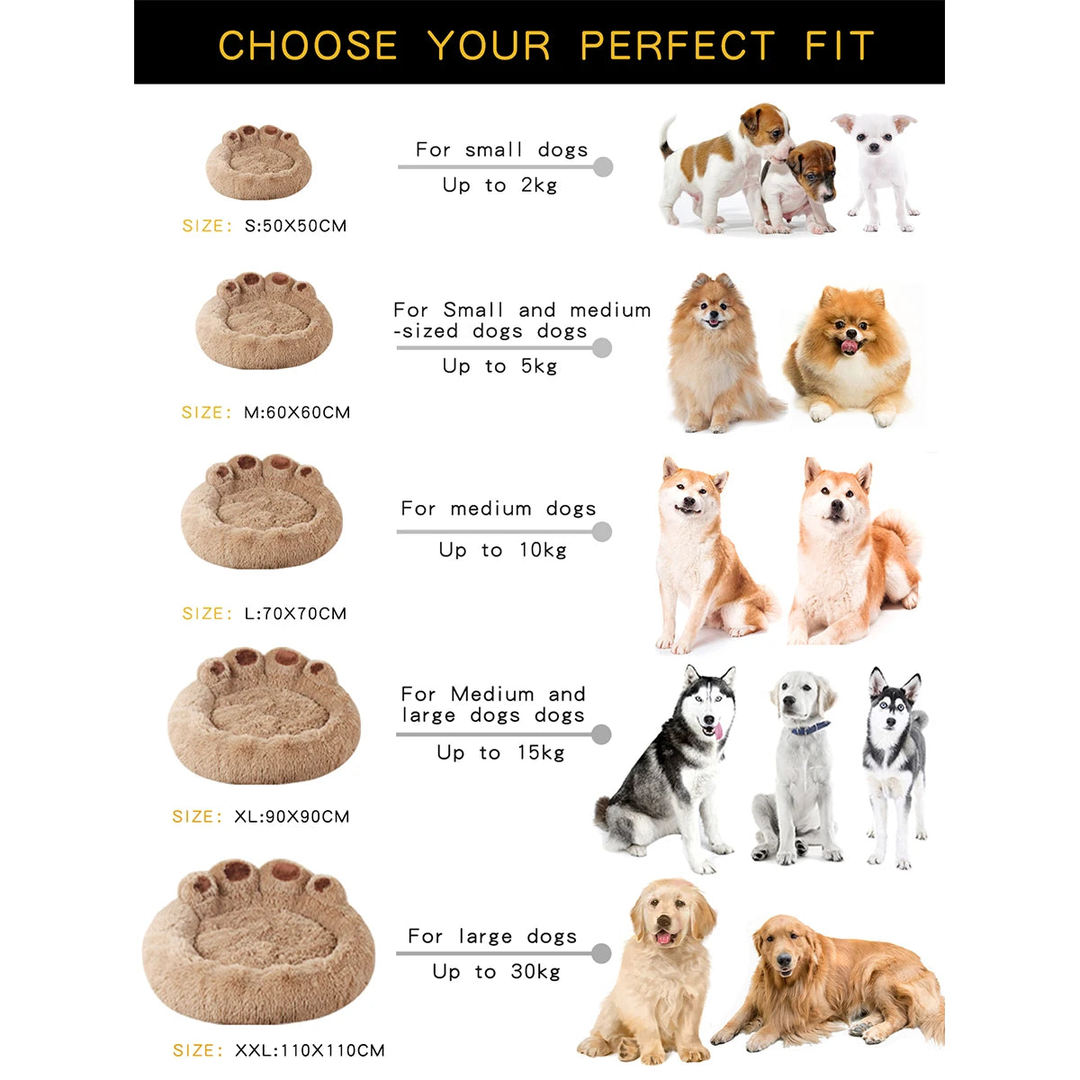 Paw dog bed size chart with dog examples