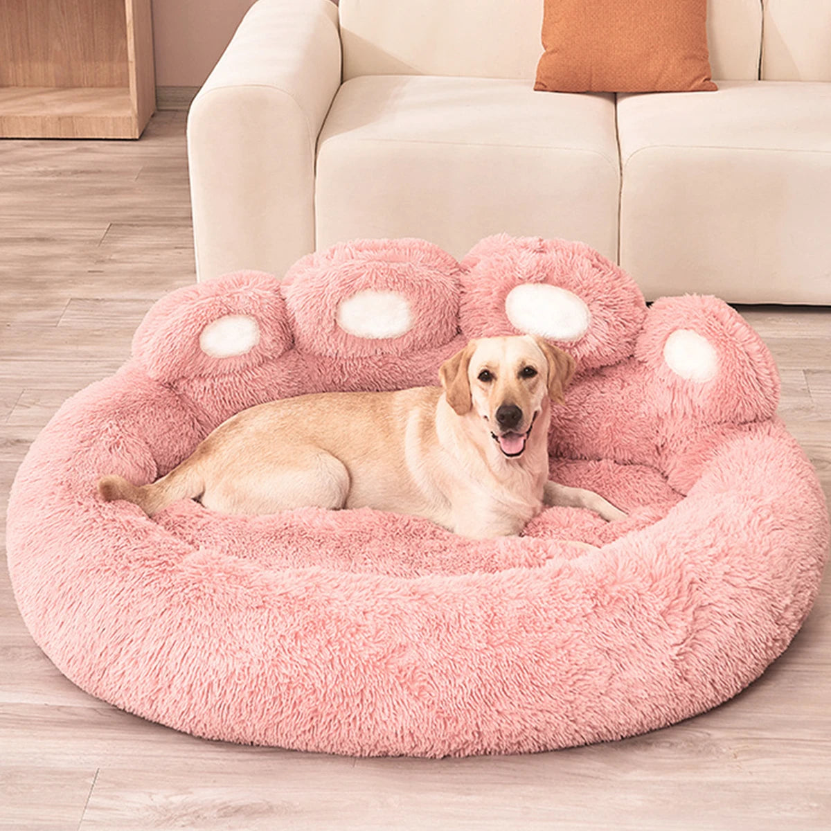 Paw dog bed, Pink with Lab dog